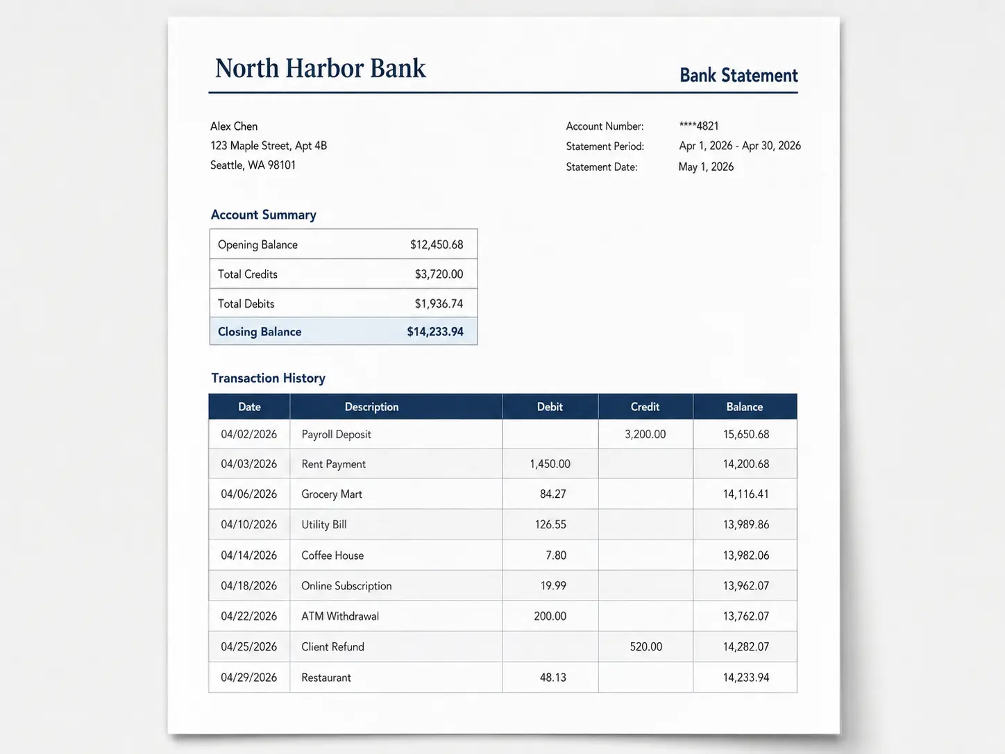 Original bank statement document