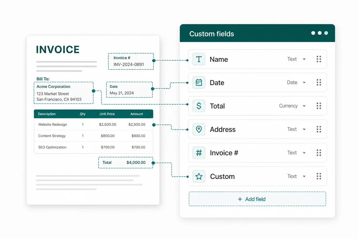 Custom fields configured in the Vellparser AI document parser