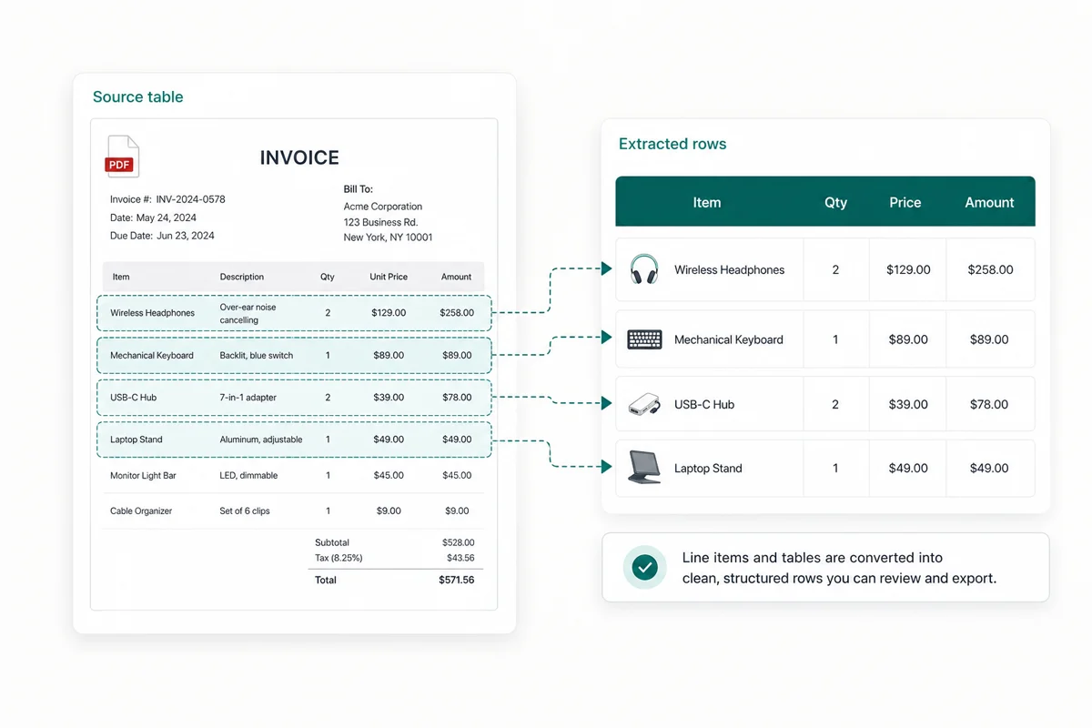 AI table extraction from a PDF into structured rows and columns