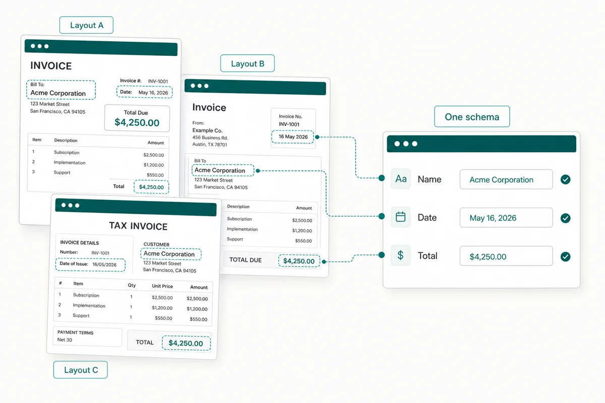 The same extraction schema applied across different document layouts